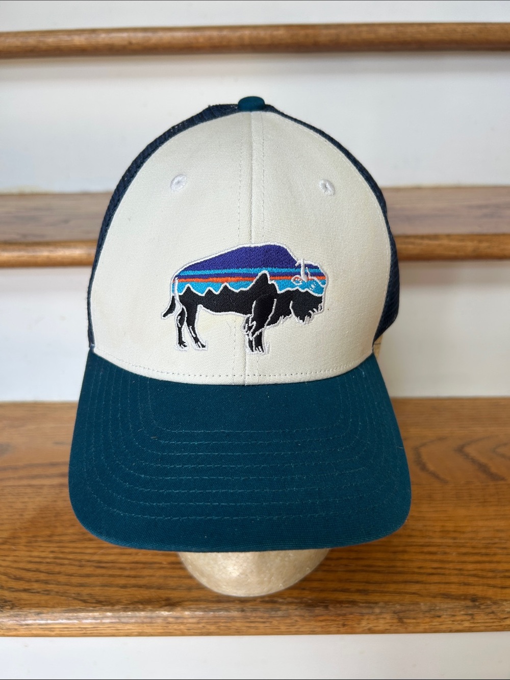 Patagonia Cream and Teal Buffalo Patch Trucker Hat Lightly Loved 2015ish